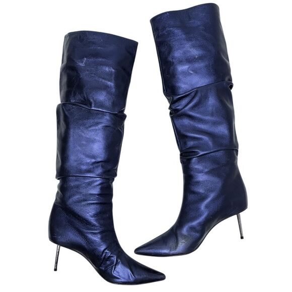 Christian Louboutin Epic Trotta 70MM Blue Metallic Leather Knee High Boots 37.5 - Picture 2 of 14